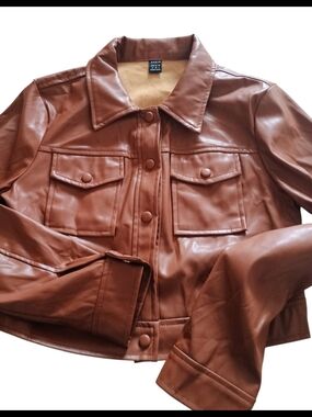 SHEIN Snap Close Cropped Faux Leather Jacket - Brown